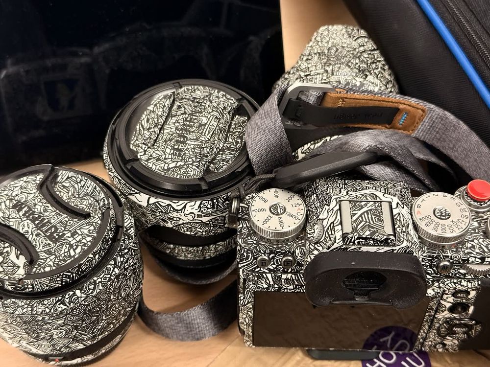 Mehrere mit Erlkönig-artigen schwarzweißen Ornamenten verzierte Kameras und Objektive auf einem Tisch.