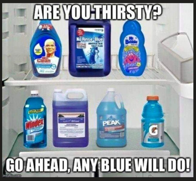 7 Bottles of Blue-Colored Chemical Cleaners, and words: 