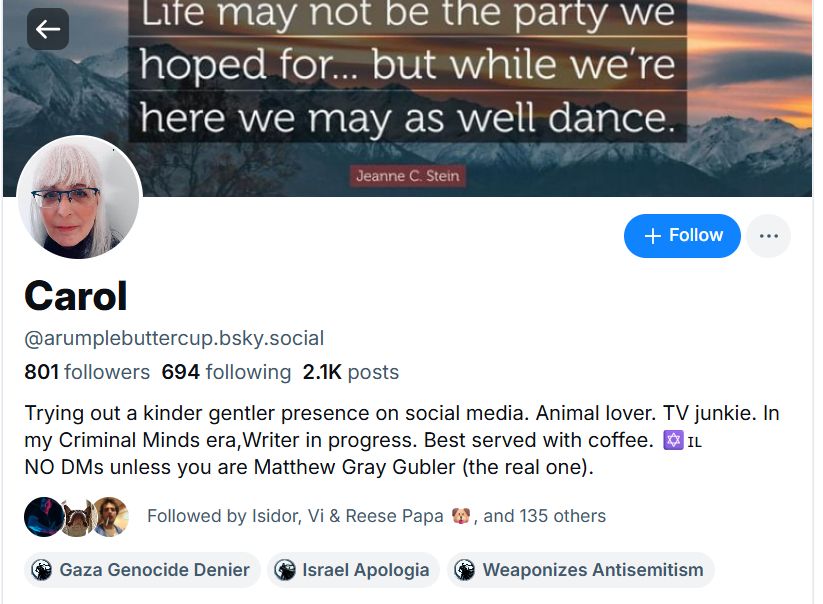 Bluesky user Carol's bio screenshot with Anti-Palestine Bluesky labels.