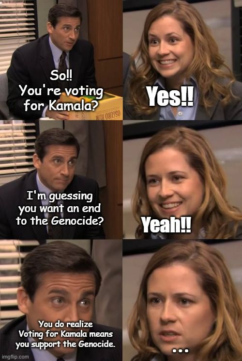  Graphic of Kamala Harris Democrat supporter (allegedly being Anti-Genocide) being questioned by an independent, non-Harris supporter, showing the Democrat voter's cognitive dissonance related to Harris arming and funding Genocide.
