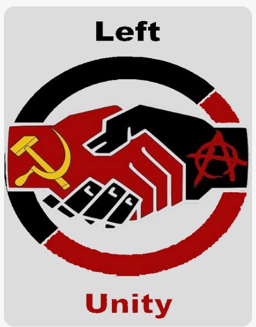 2 people shaking hands. Only the hands are visible.
One hand has the Communist Symbol drawn on it.
Other hand has the Anarchist Symbol drawn on it.
And wording says: "Left Unity."