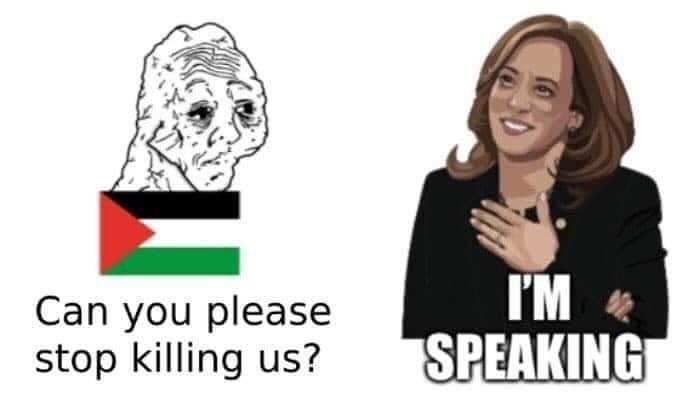 Closeup of Palestinian being murdered with arms supplied by Biden and Harris, saying: 