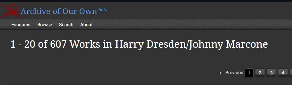 screengrab from Archive of Our Own, showing that works including Harry Dresden/Johnny Marcone totaled 607