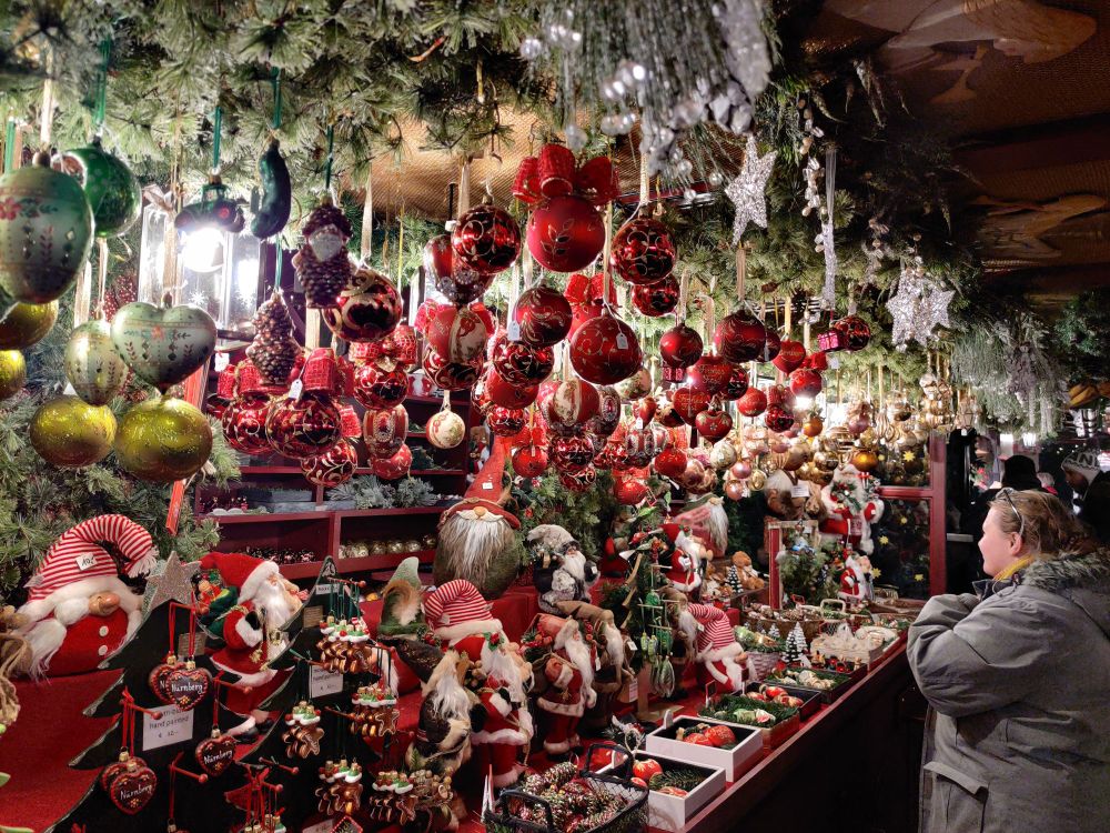 Display of Christmas decorations at a stall