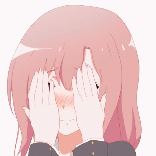 a girl with pink hair is covering her eyes with her hands