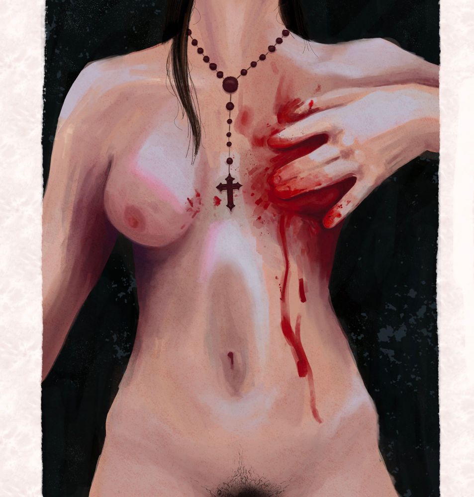 Digital painting of a nude white person from neck to pubis. wearing a rosary covering their left breast with blood pouring down
