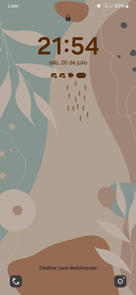 Pantalla de bloqueo de mi móvil. Nada extravagante, una ilustración de líneas sencillas, en tonos pastel cálidos, con unas hojitas y formas abstractas. 