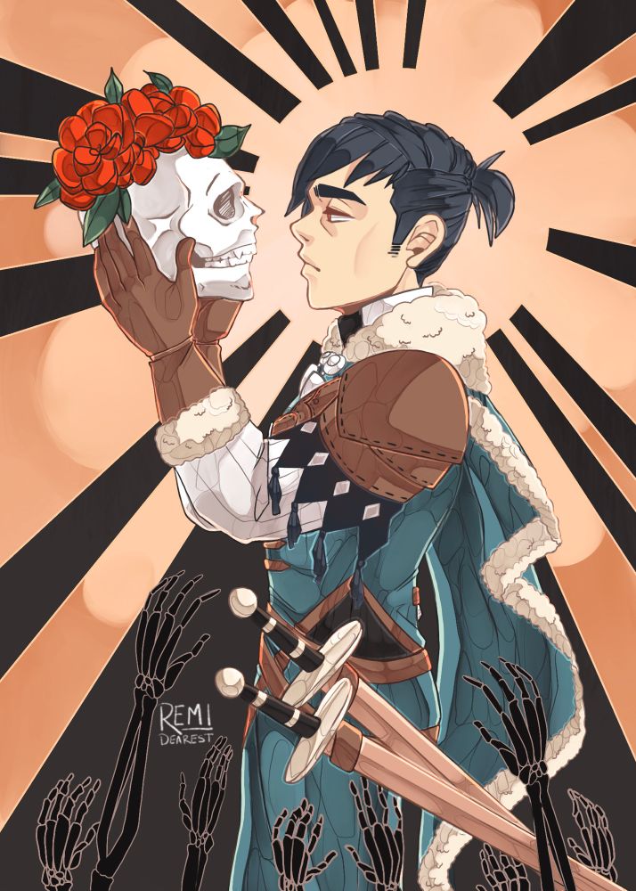 Felix holding a skull that has a rose crown. There are skeletons hands reaching out for him where his feet are.