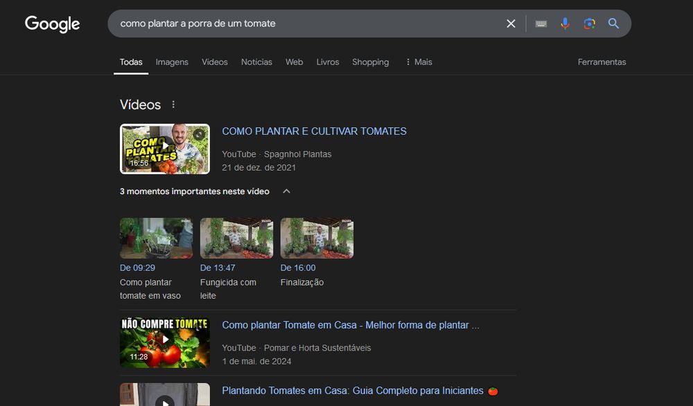 Busca "como plantar a porra de um tomate" com vários resultados de vídeos extremamente relevantes.