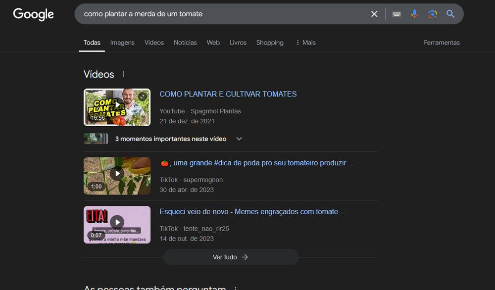 Busca "como plantar a merda de um tomate" com vários resultados de vídeos extremamente relevantes.