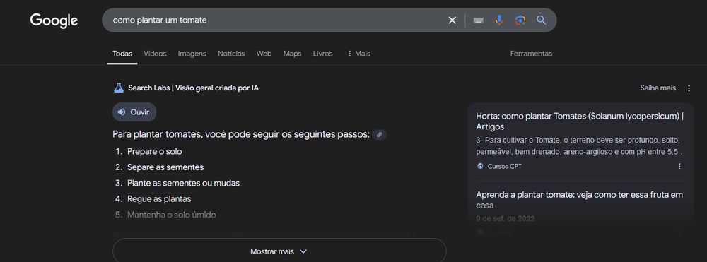 Resultado de busca no Google para "çomo plantar um tomate" com um resumo inútil de inteligência artificial abaixo.