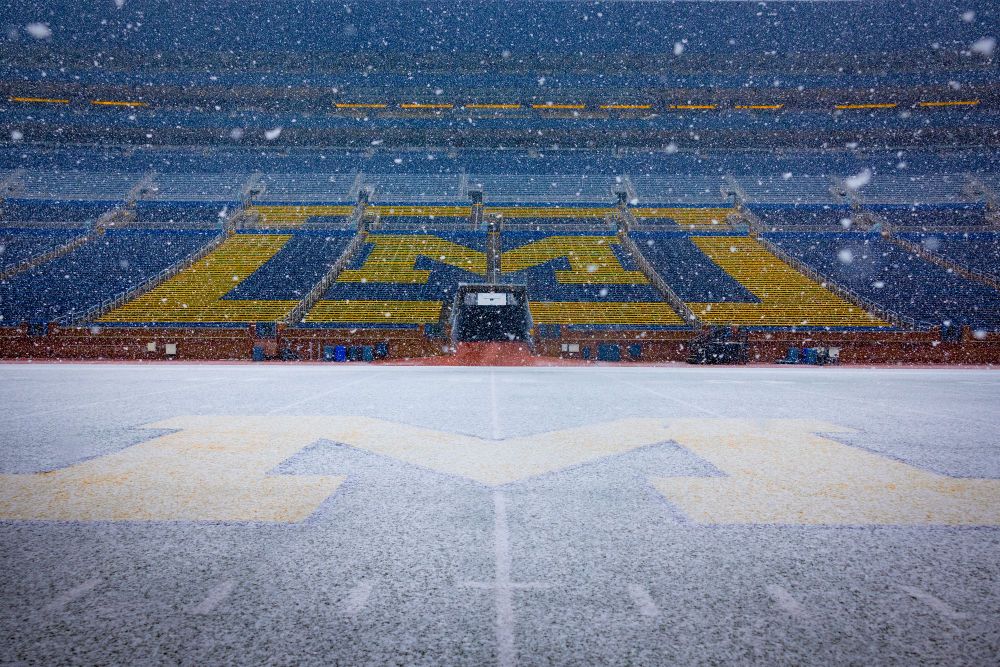 Fluffy snow covering the Block M at the center of Michigan Stadium.