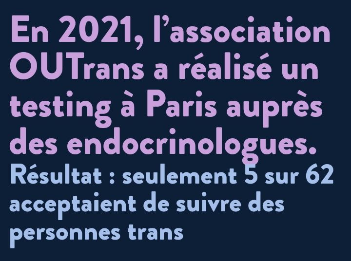 En 2021, l'association outrans a réalisé un testing à Paris auprès des endocrinologues. Résultat : seulement 5 sur 62 acceptaient de suivre des personnes trans.