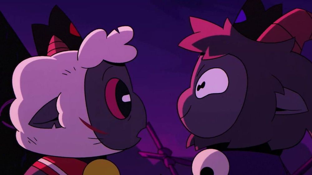 The Lamb and The Goat from the Cult of The Lamb videogame. They're both toonish characters. The Lamb looks surprised and has a big gash on their cheek. The Goat is looking very proud of itself.