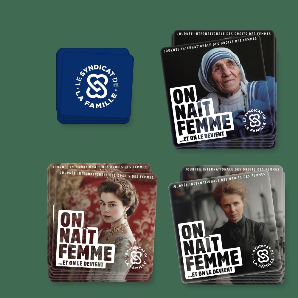 Trois stickers "On nait femme et on le devient" avec des visuels moches en IA, marqués du logo du syndicat de la famille. Les visuels représentent une bonne soeur, et deux femmes jeunes.