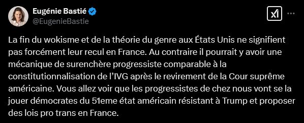 Screen Twitter

Eugénie Bastié
@EugenieBastie
La fin du wokisme et de la théorie du genre aux États Unis ne signifient pas forcément leur recul en France. Au contraire il pourrait y avoir une mécanique de surenchère progressiste comparable à la constitutionnalisation de l’IVG après le revirement de la Cour suprême américaine. Vous allez voir que les progressistes de chez nous vont se la jouer démocrates du 51eme état américain résistant à Trump et proposer des lois pro trans en France.