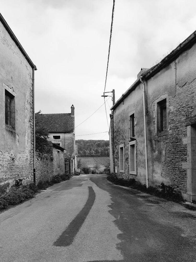 Dorfstraße mit Steinhuder und Stromleitungen über den Dächern. Der Asphalt ist geflickt, die Straße menschenleer. Schwarz-Weiß 