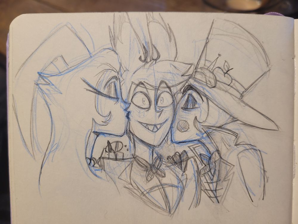 A pencil sketch of Lilith and Lucifer kissing Alastor on respective cheek, and Alastor has a deer in highlights look (bc he likes them hihi) 
The light is awful, I took this photo in a café. Anyways royal smoomch