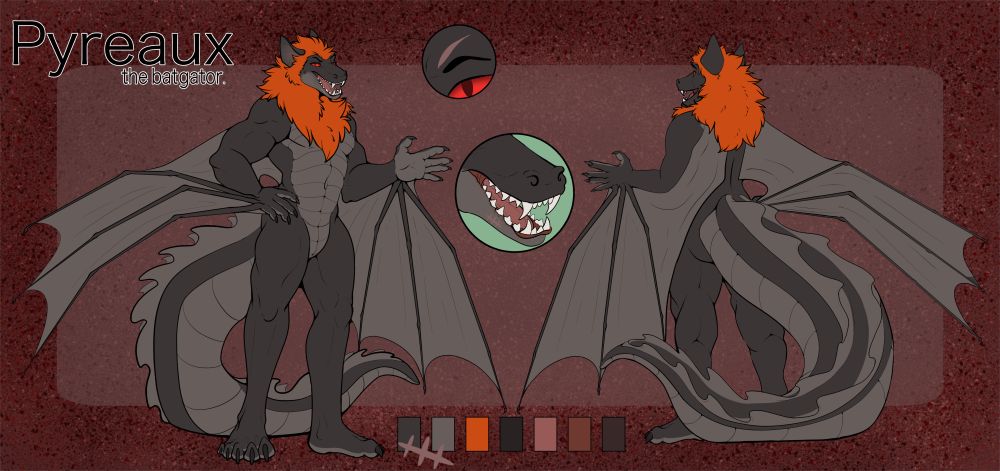 reference sheet of a bat gator hybrid, masc character, with orange fluffy mane/hair, big thick tail, scar on jaw and eyebrow, grinning expression, red eyes and arm wings. placed on a red background with texture, and color swatch on the bottom