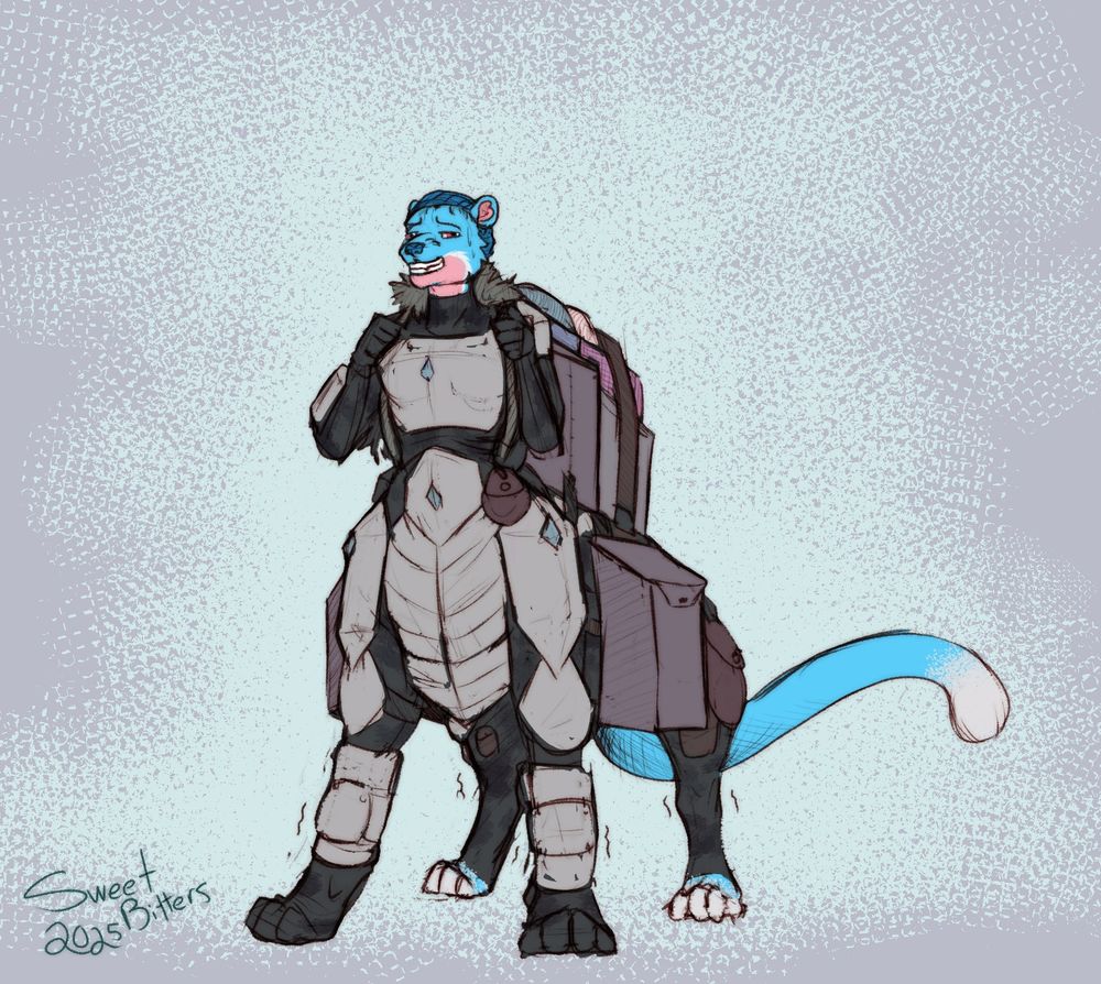 Blue, white and pink feline taur in heavy armor carrying heavy baggage and looking a mite bit stressed, with a forced grin in front of a gray and white textured background