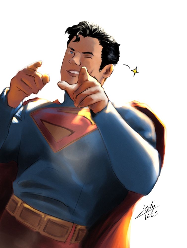 Painting study of an on set photo of Superman. He’s winking and pointing at the person taking the picture.