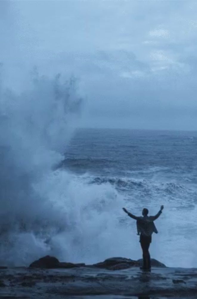 a man stands on a rock near the ocean with his arms in the air