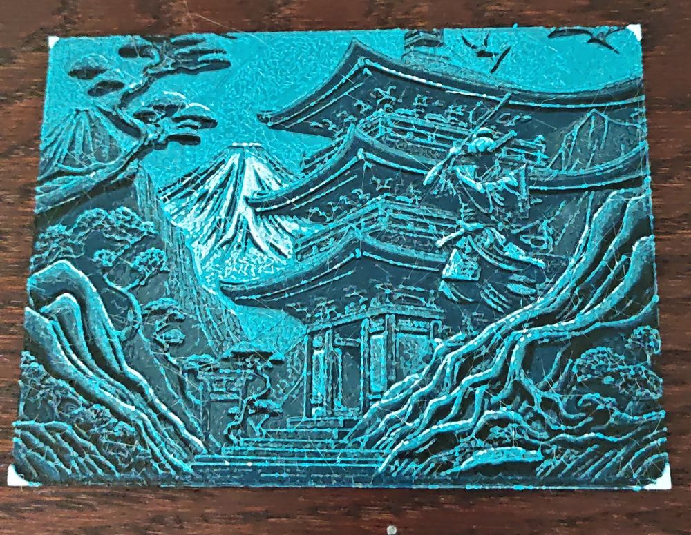 Japanese temple with a warrior protector, Mount Fuji in the background 