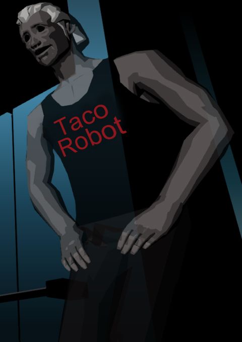 Travis from Killer 7, leaning against a bluish-gray bathroom stall. Red text on his tank top reads "Taco Robot."