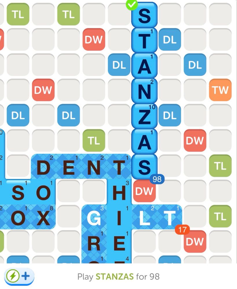 Me preparing to play the word STANZAS in Words With Friends for 98 points.