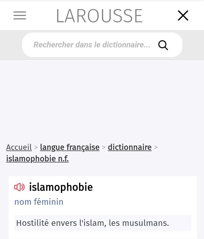 Page internet du dictionnaire Larousse.
Islamophobie: hostilité envers l'islam, les musulmans.