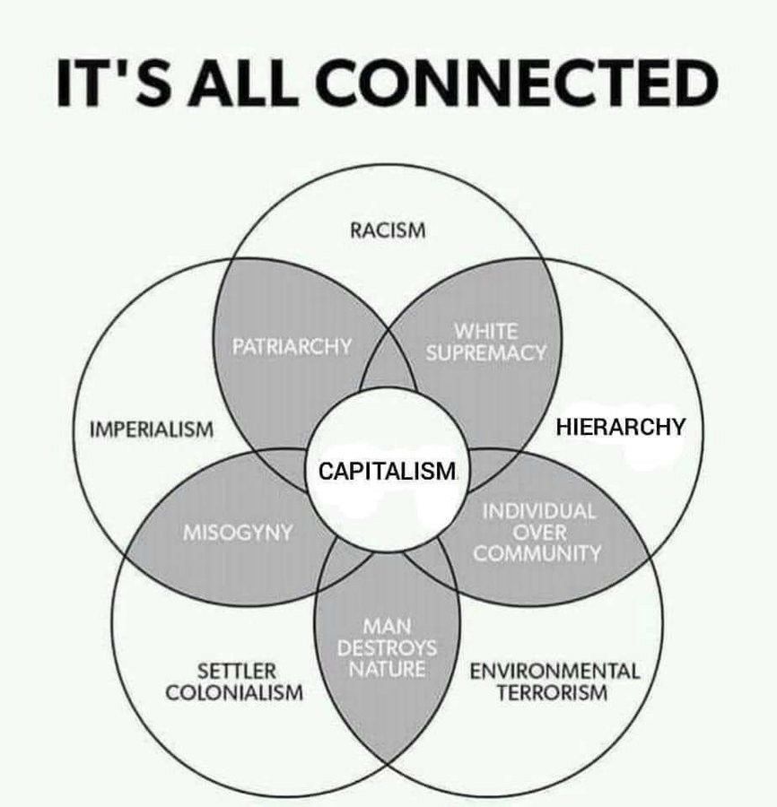Diagramme de vienn, les intersection sont entre parenthèse
racisme-(suprématie blanche)-hiérarchie-(individu au dessus de la communauté)-terrorisme environnemental-(l'homme détruit la nature)-colonialisme-(misogynie)-impérialisme-(patriarcat)-racisme.
Au centre: Capitalisme