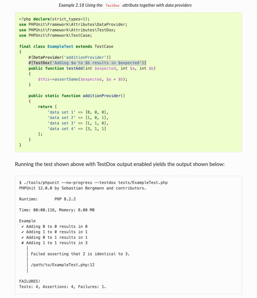 Code example, extracted from PHPUnit's doc.