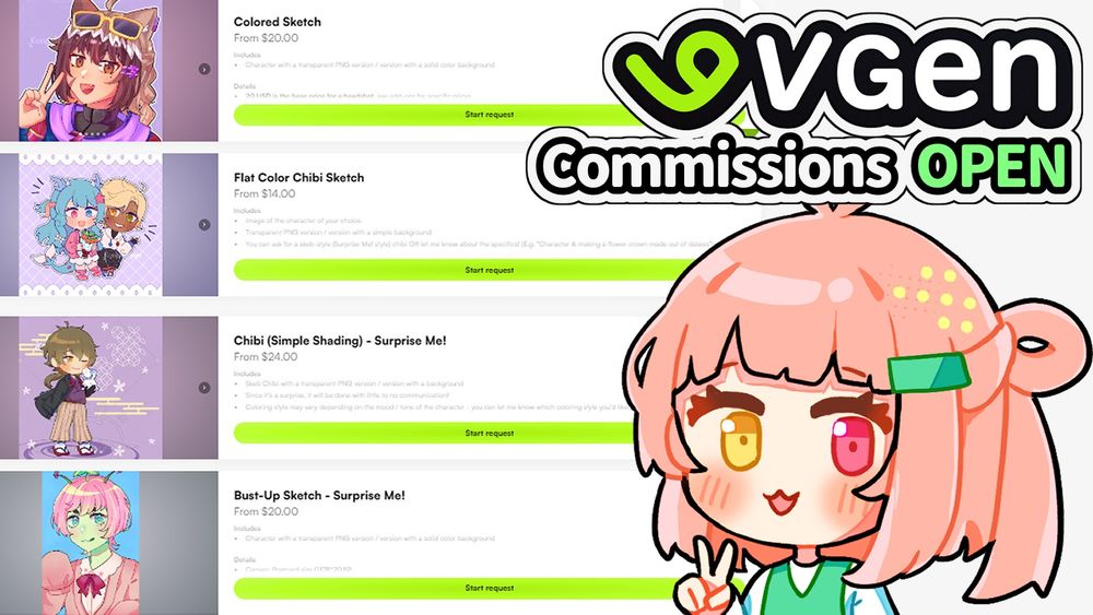 A screenshot of @konpeityon's available services on VGen.co. The top right of the image has the VGen logo, and a text saying "Commissions OPEN". There is a PNG of Julietta X making a peace sign under said text.