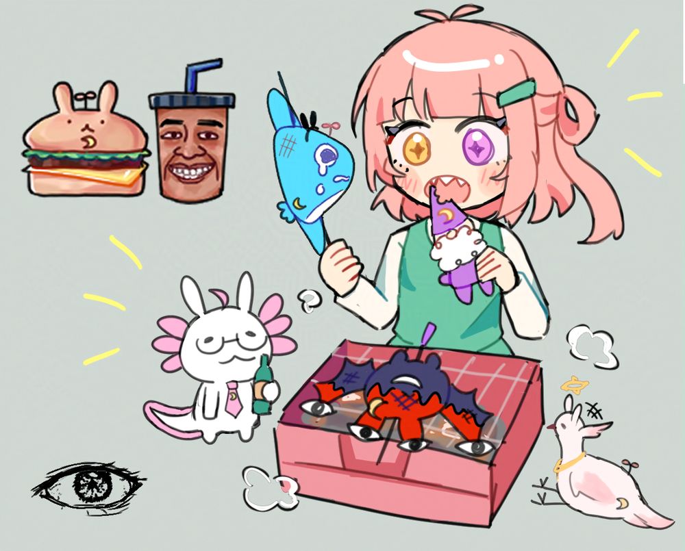 Doodle of Julietta X eating her viewers, an eye, and a hamburger with obama soda next to it