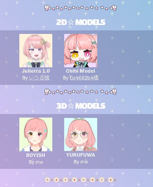 A gallery of Julietta X's different models, with credit to the creators