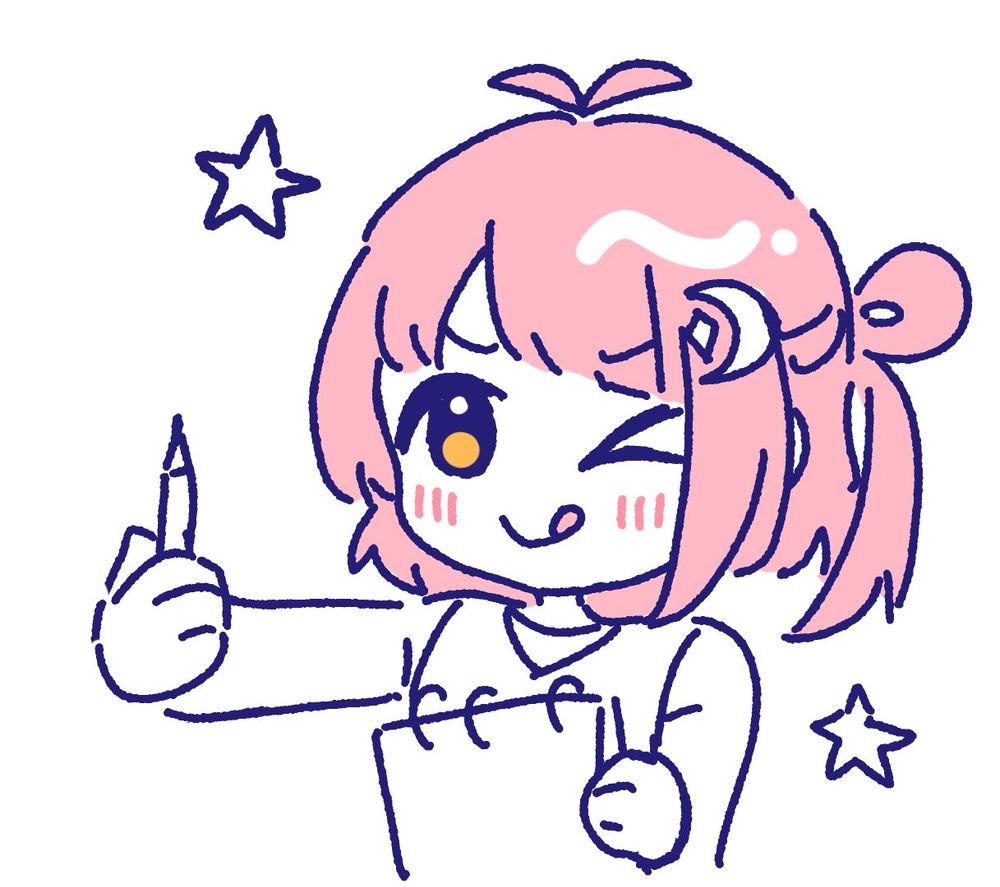 A doodle of Julietta X holding a sketchpad in one hand, and a pencil in the other. The hand holding a pencil is outstretched with the thumbs up, as a general method artists use to measure the things they draw