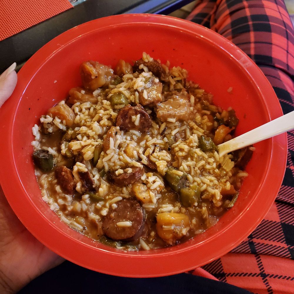 Shelly's red bowl of Gumbo (Crab, Shrimp, Sausage AND Chicken)