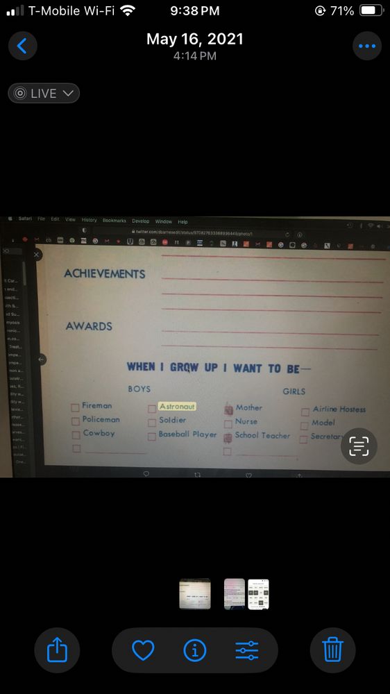 Handbook with career options: fireman, policeman, cowboy, astronaut, soldier, baseball player, mother, nurse, schoolteacher, airline hostess, model, secretary. Mother and nurse are marked in pencil and did not happen. 