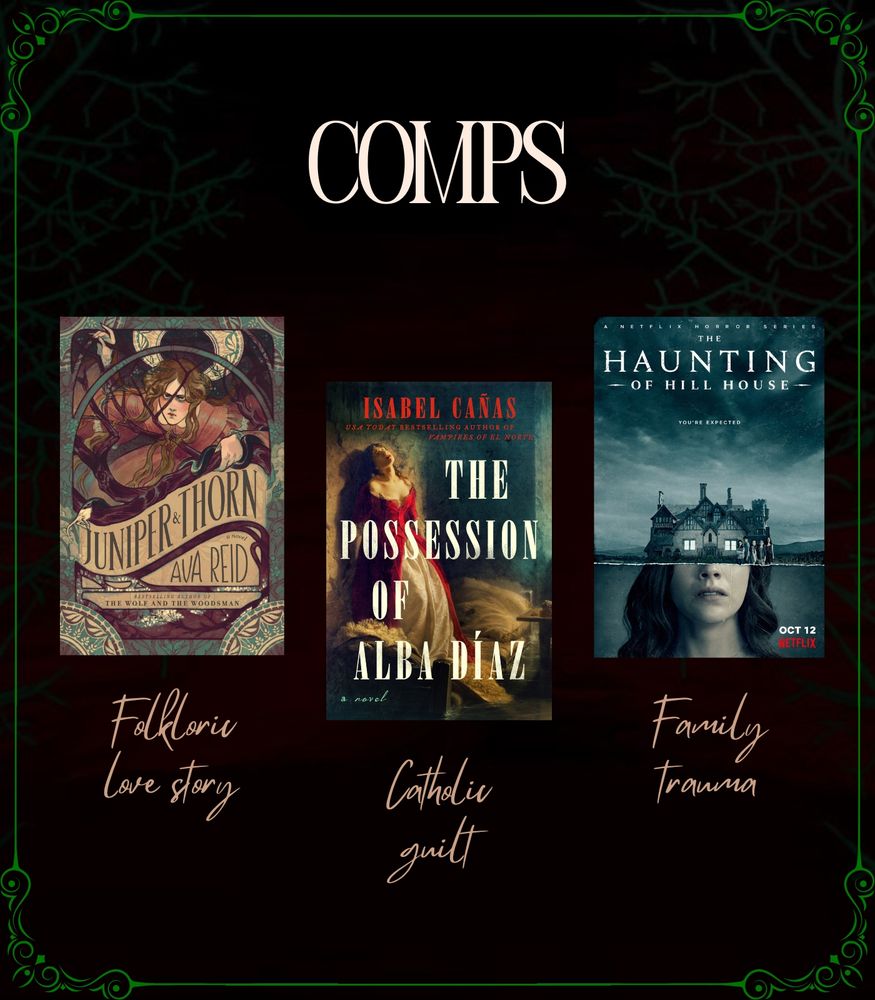 Comps: the folkloric love story of Juniper & Thorn by Ava Reid, the catholic guilt of The Possession of Alba Díaz by Isabel Cañas, the family trauma of Haunting of Hill House directed by Mike Flanagan.

