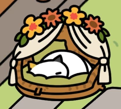 A screenshot of Neko Atsume 2 showing Dottie, a white cartoon cat with one orange ear and one black ear. It is sleeping very comfortably in the Resort Bed, which is a brown cat bed with little white curtains, green cushions, and decorative orange and yellow flowers on top.