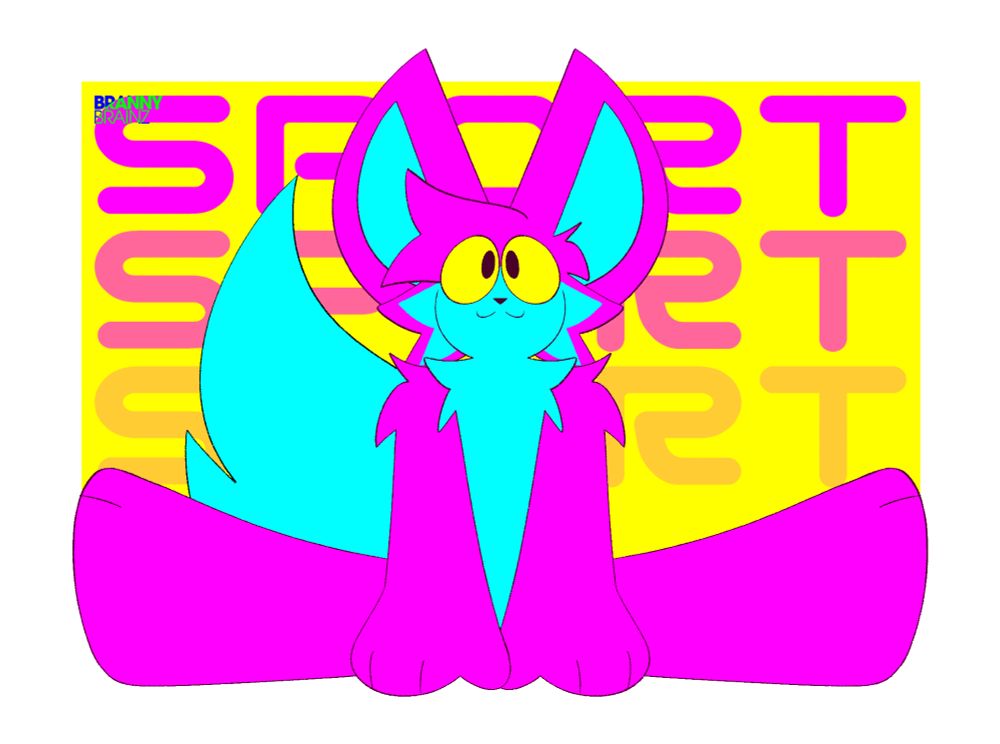 Artwork of a pink and cyan cat named Sport sitting in front of a yellow rectangle with 3 text stacked together saying their name in capital letters.