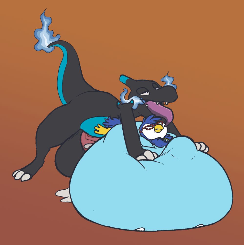 Tokomi, a Mega Charmeleon X, cum-inflating Benguin, a Piplup.
