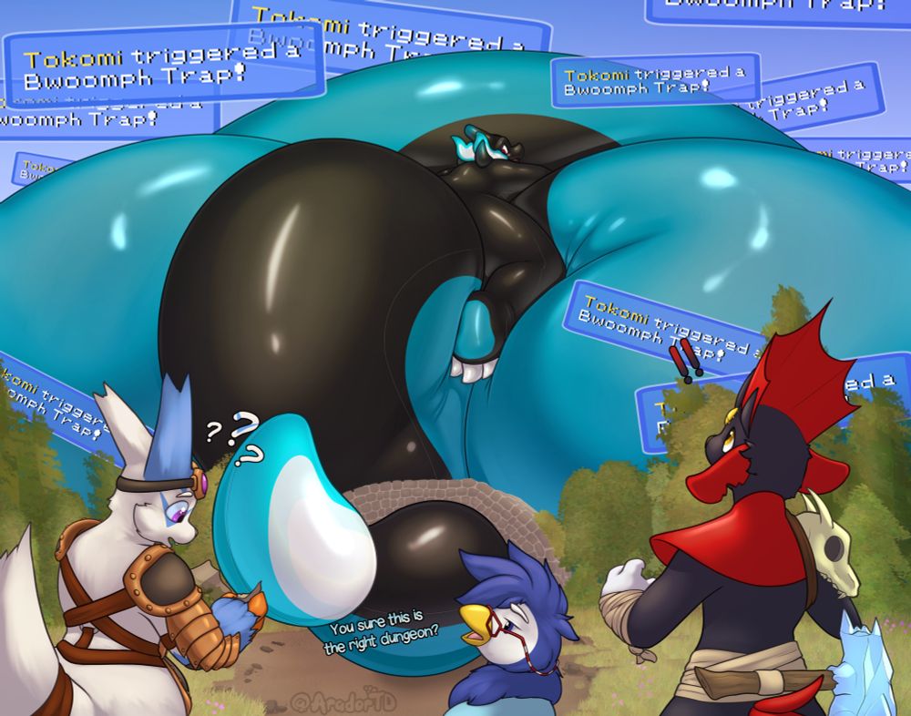 Tokomi's uncontrollable inflation continues to set off more and more Bwoomph Traps, causing him to take up the entirety of the Mystery Dungeon! Meanwhile, another group of Pokemon stands outside, watching the scene unfold, with the Piplup asking the Zangoose if they're sure this is the dungeon they're supposed to be going into.