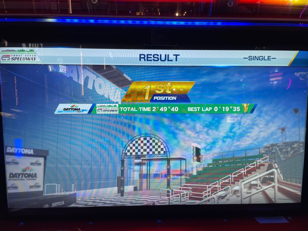 daytona usa result screen showing 1st place was achieved despite the user’s lack of skill. the time is 2:49:40 with best lap being 0:19:35. how this was accomplished may forever be a mystery.