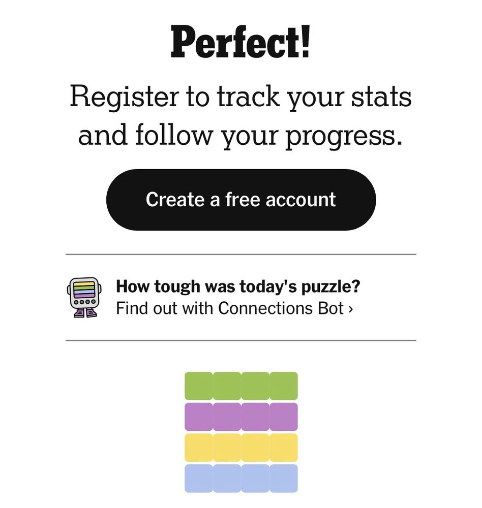 Screenshot showing a perfect result on today’s NYT Connections game