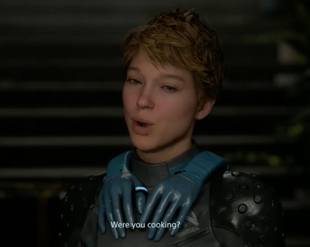 Fragile from "Death Stranding 2: On the Beach" saying "Were you cooking?"