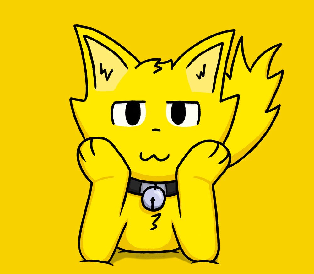 A drawing of a lemon-yellow anthropomorphized cat on a yellow background. The cat is lying down with its elbows on the ground and its paws supporting its head. Its fuzzy tail reveals itself behind their head.