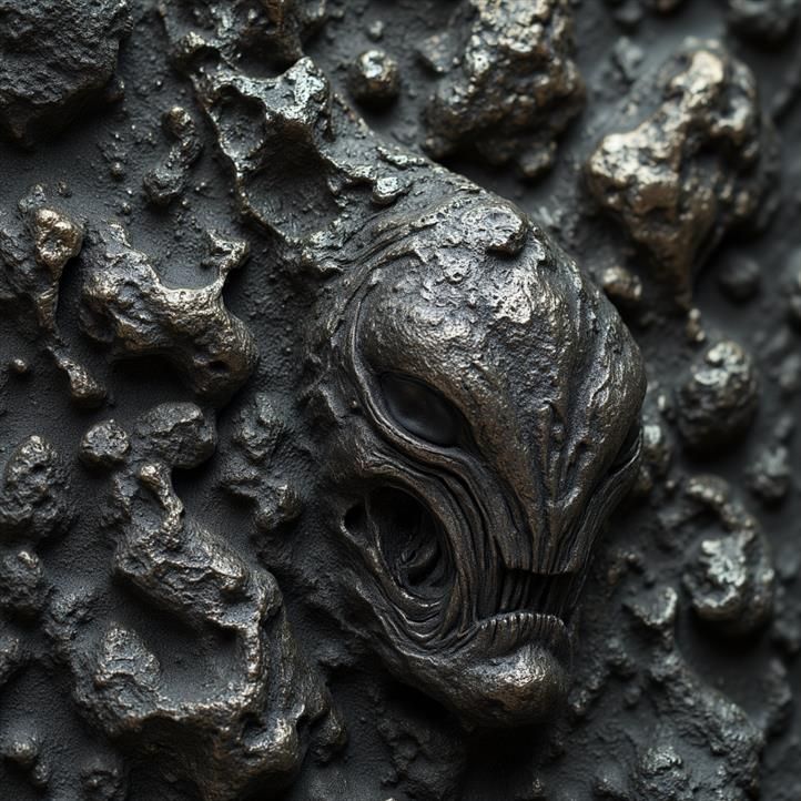 Produce a Sand Casting (Photograph of) of a series of metallic or glass alien artifacts, with rough, organic textures formed by the sand mold, displaying a primitive yet powerful design. The artifacts should be illuminated by harsh, industrial light highlighting their raw, unrefined beauty and strength, conveying ancient technology, raw power, and mysterious origins.

