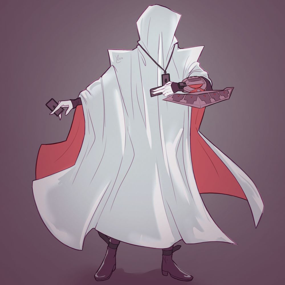 Fanart of Seto Kaiba from Yu-Gi-Oh! for day 28 for October art challenge. Kaiba wears a ghost costume that resembles his usual white coat, covering him nearly head to toe while holding his duel disk. He's still recognizable by his necklace, signature colors, and leather boots with straps. 