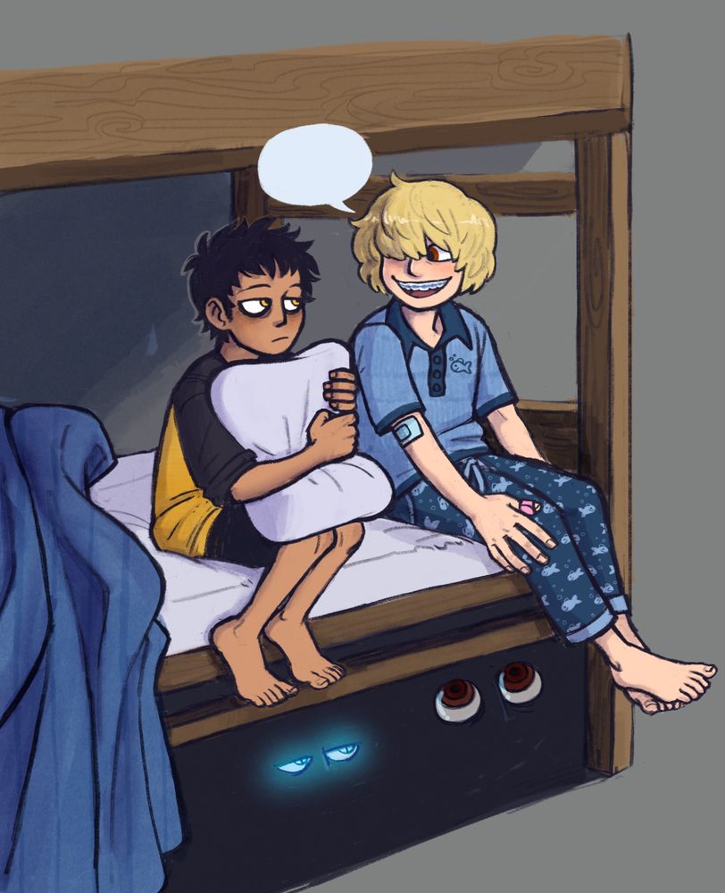 A young Trafalgar Law and young Donquixote Rosinante sit side by side on the bottom tier of a bunk bed. They look the same age (13). Law is more withdrawn, hugging a pillow and quietly listening as Rosi talks (unspecified) with a smile, revealing that he has braces. Below the bed, in the shadow, we can see the eyes of Law and Rosi's under-the-bed monsters, The Surgeon and Corazon, respectively. The monsters seem to be listening in on Law and Rosi's conversation.